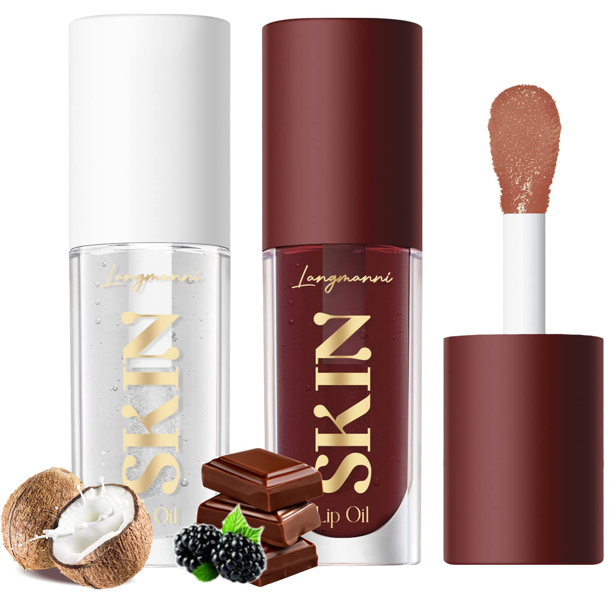 LANGMANNI Aceite labial chocolate coco, brillo transparente para uso diario.
