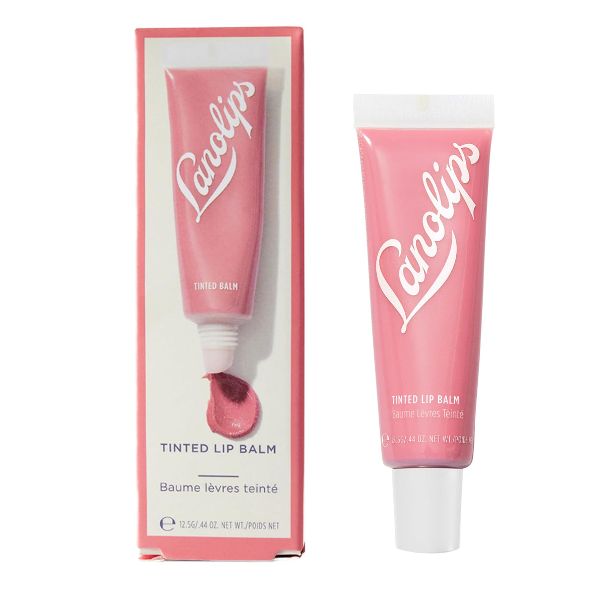 Lanolips bálsamo labial tintado rosa en tubo, hidratación suave.