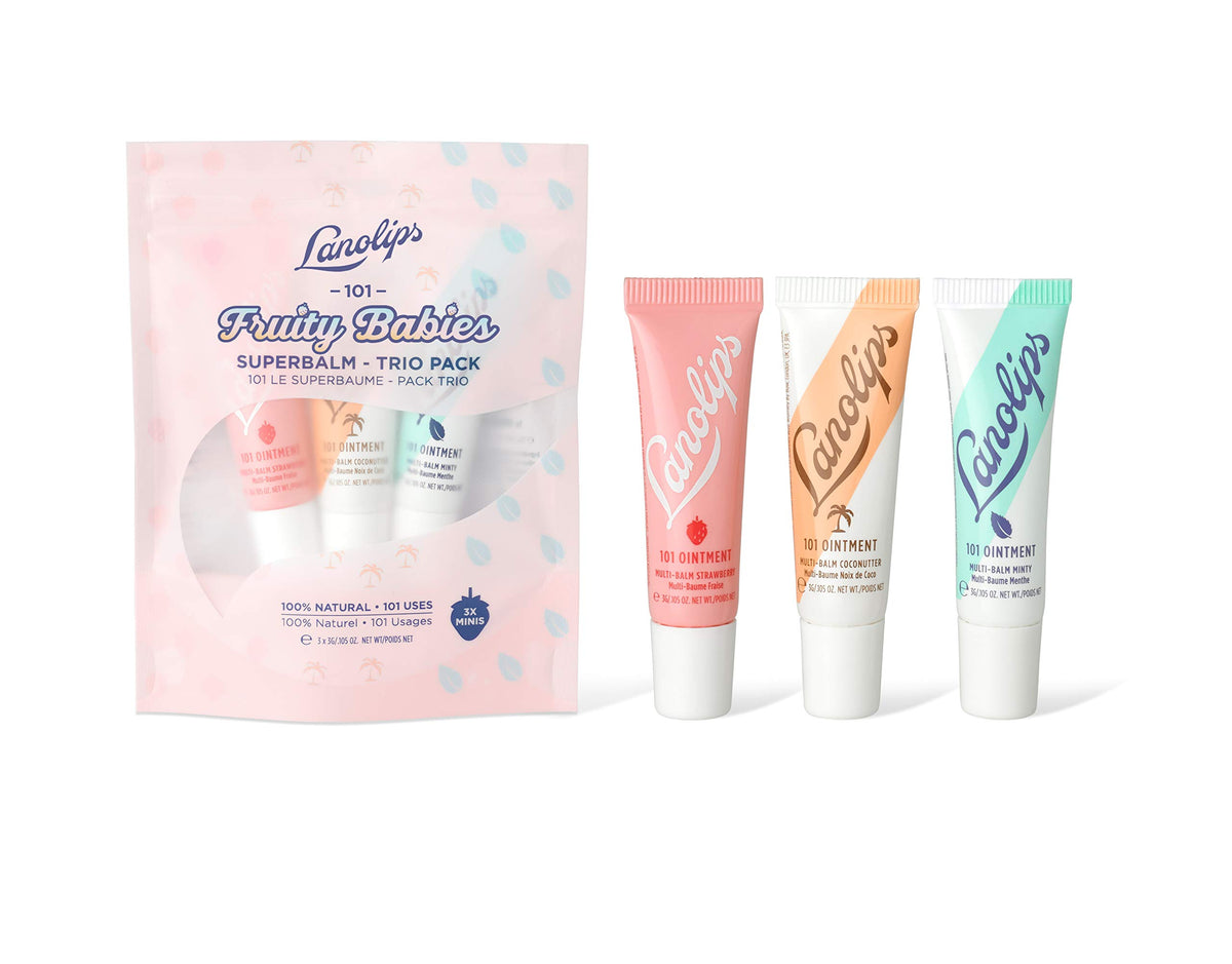 Lanolips Fruity Babies Trio packaging front showing three hydrating balms for dry lips