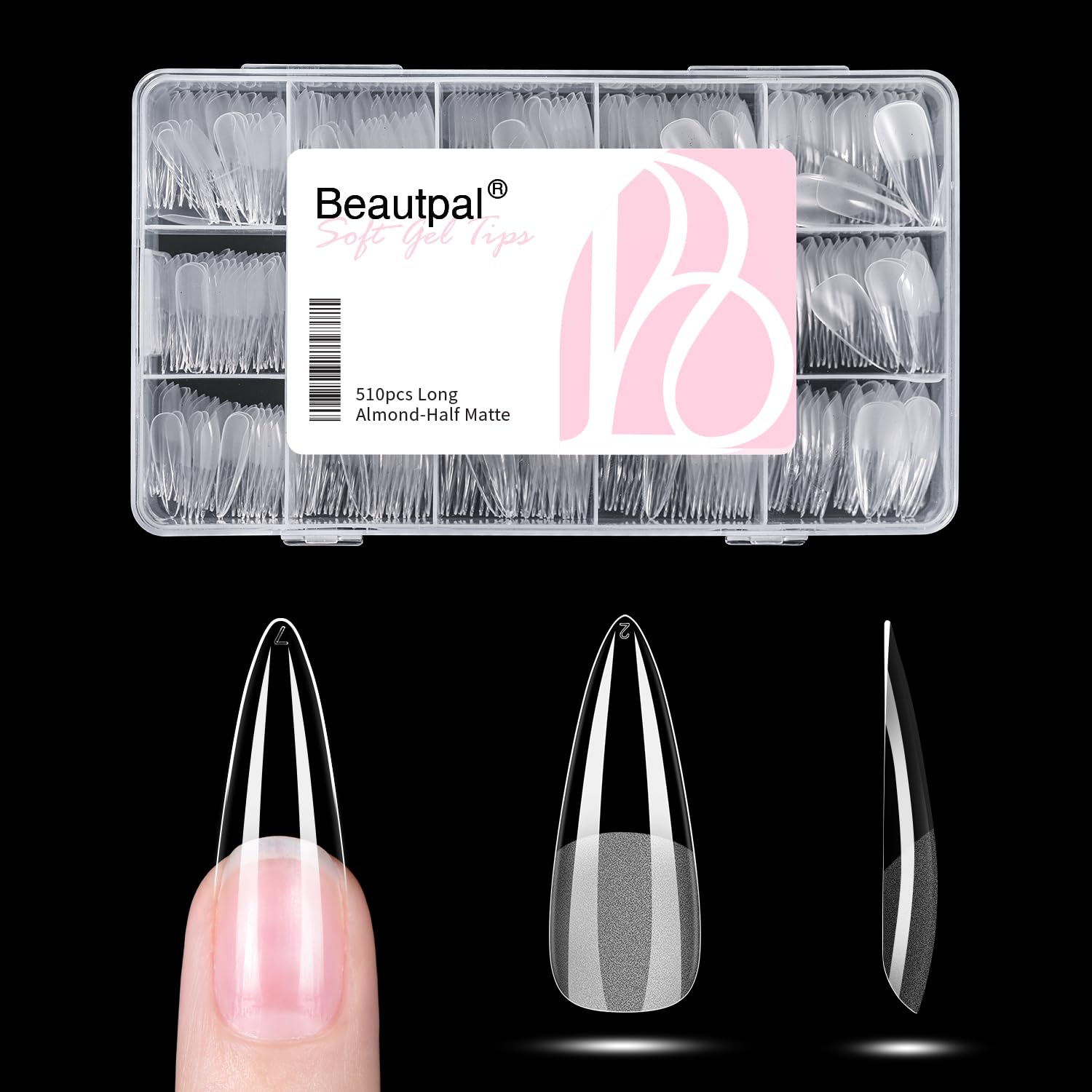 Las puntas de gel largas en estileto de Larvall BEAUTPAL para uñas naturales.