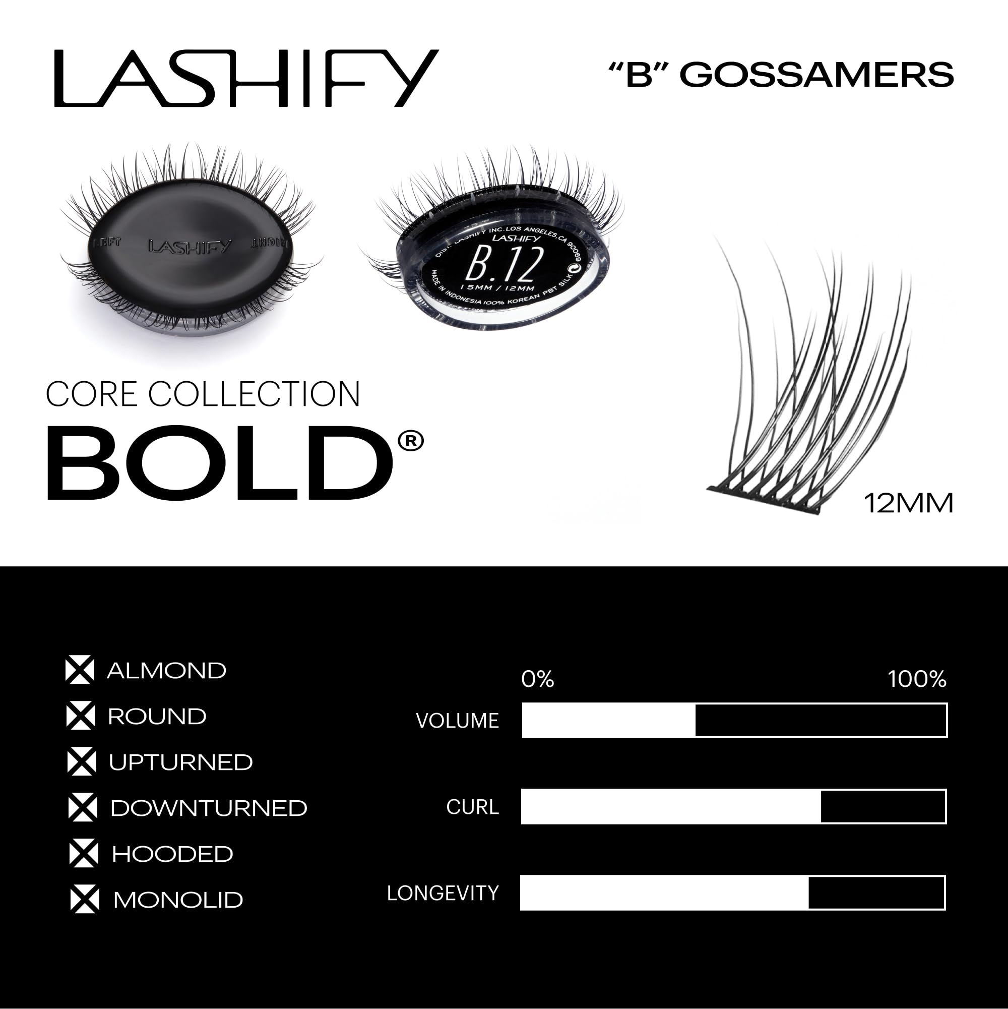 Cartucho Lashify Bold 12mm Gossamer con 12 pestañas para rellenar