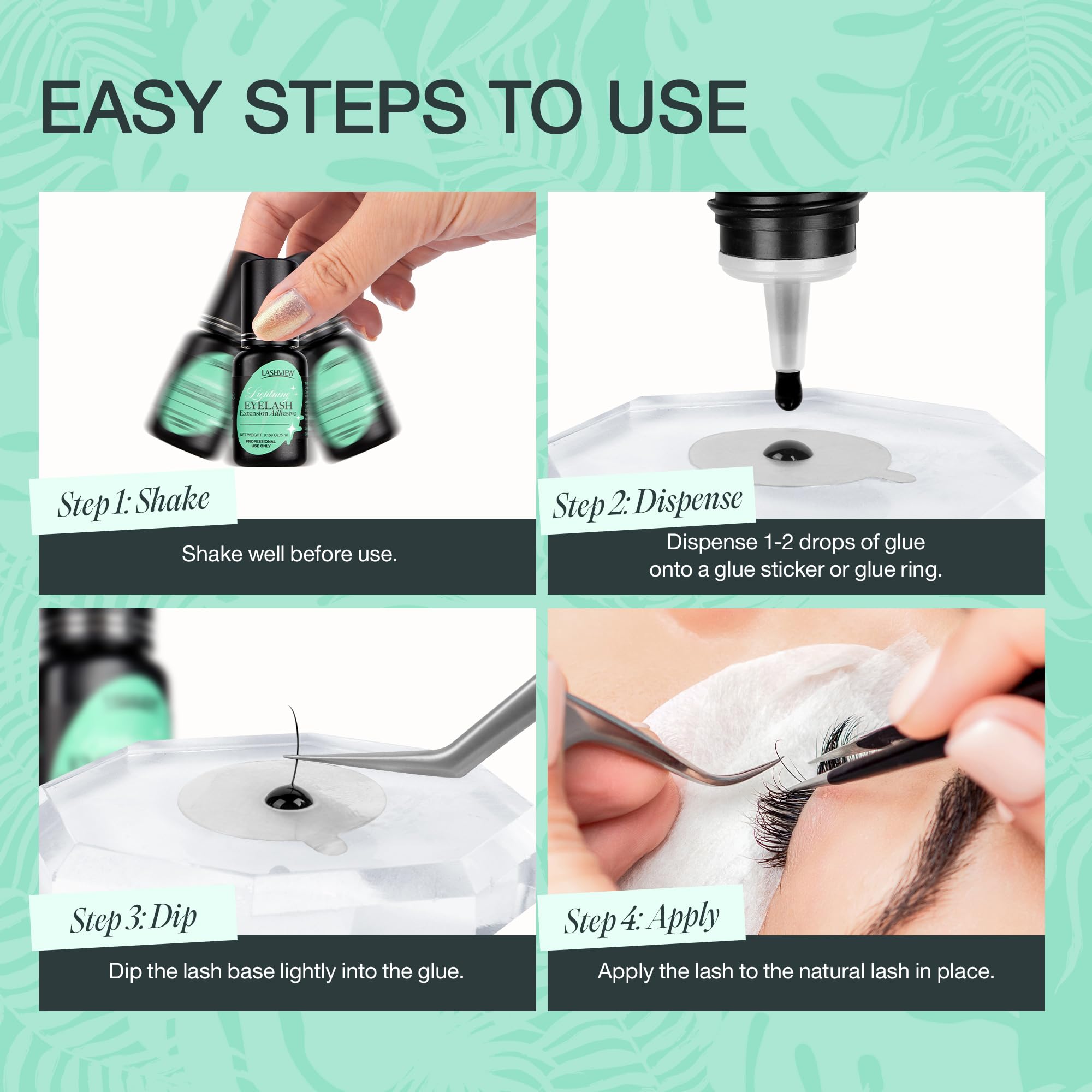 Lashview adhesivo para estilos clásicos e híbridos, versatilidad de diseño.