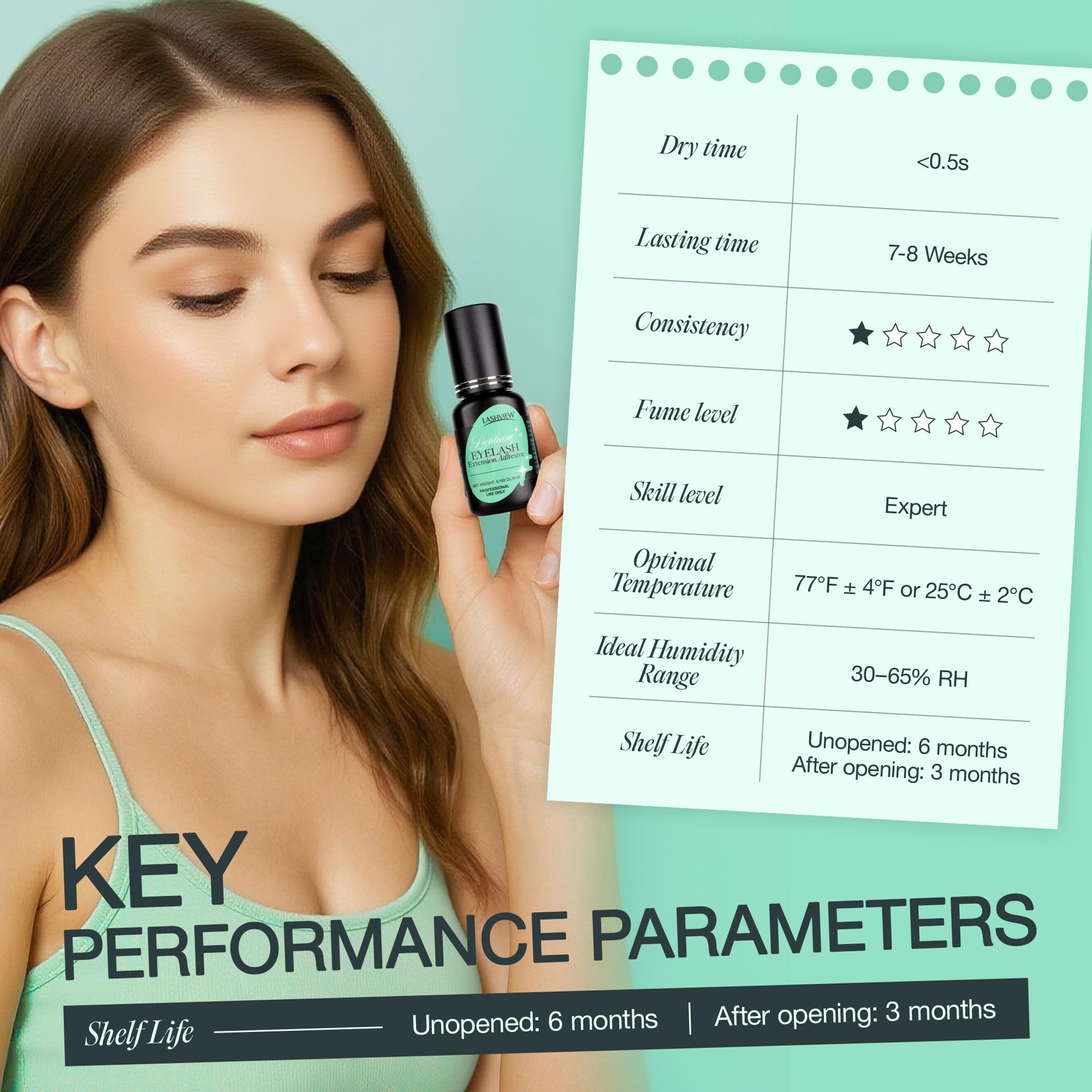 Lashview adhesivo, olor bajo para sesiones más cómodas.