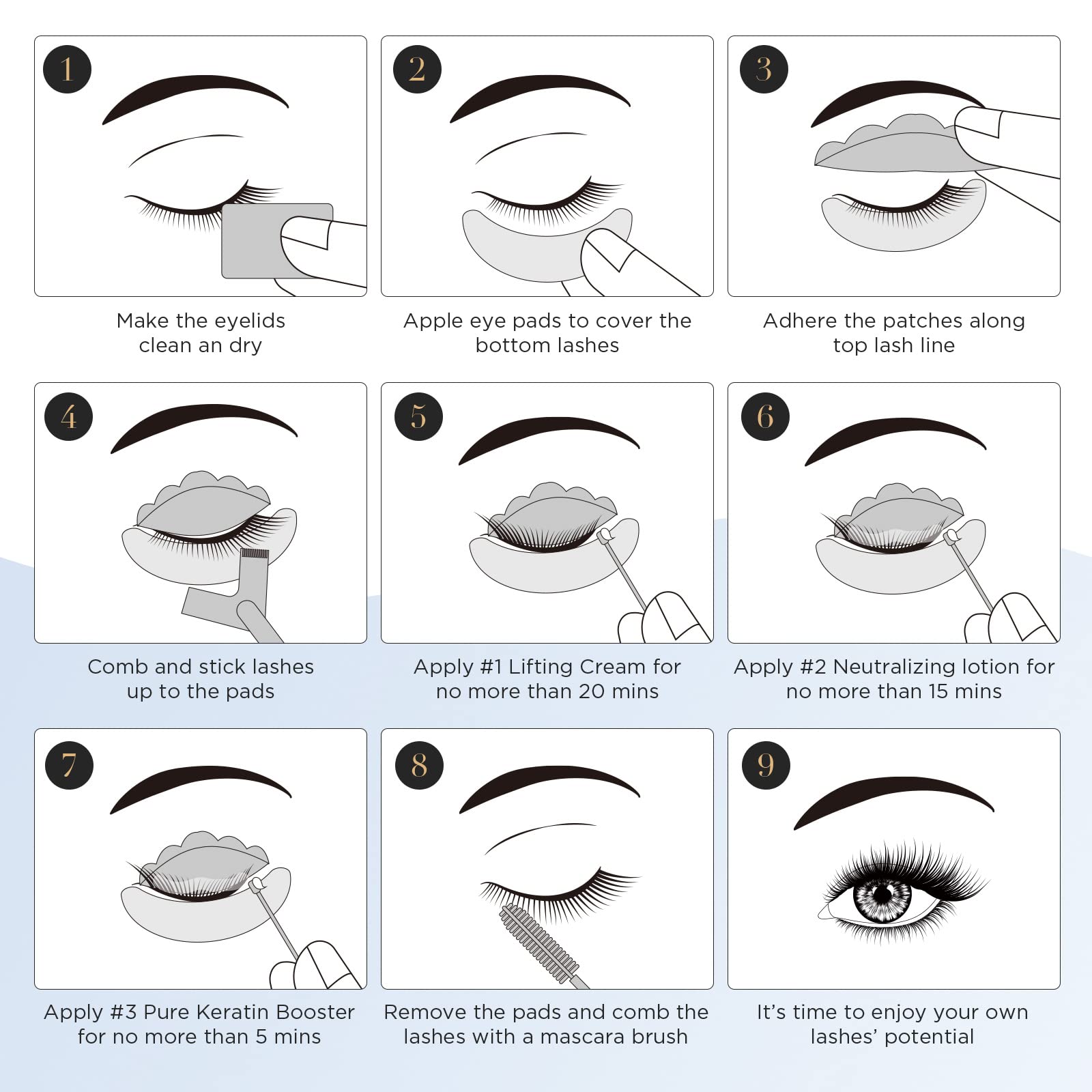 LASHVIEW escudos para pestañas con tallas S, M y L para levantamiento uniforme.