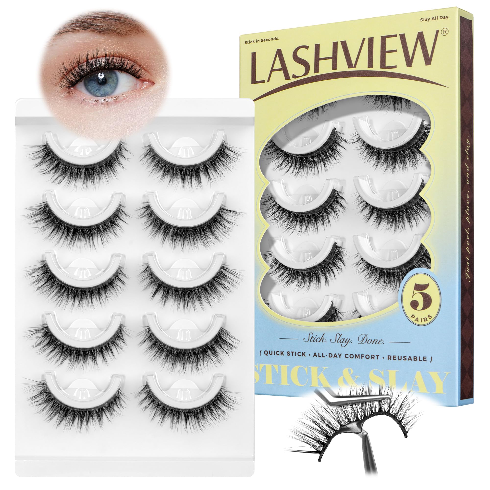 Pestañas autoadhesivas LASHVIEW con aspecto natural para uso diario.