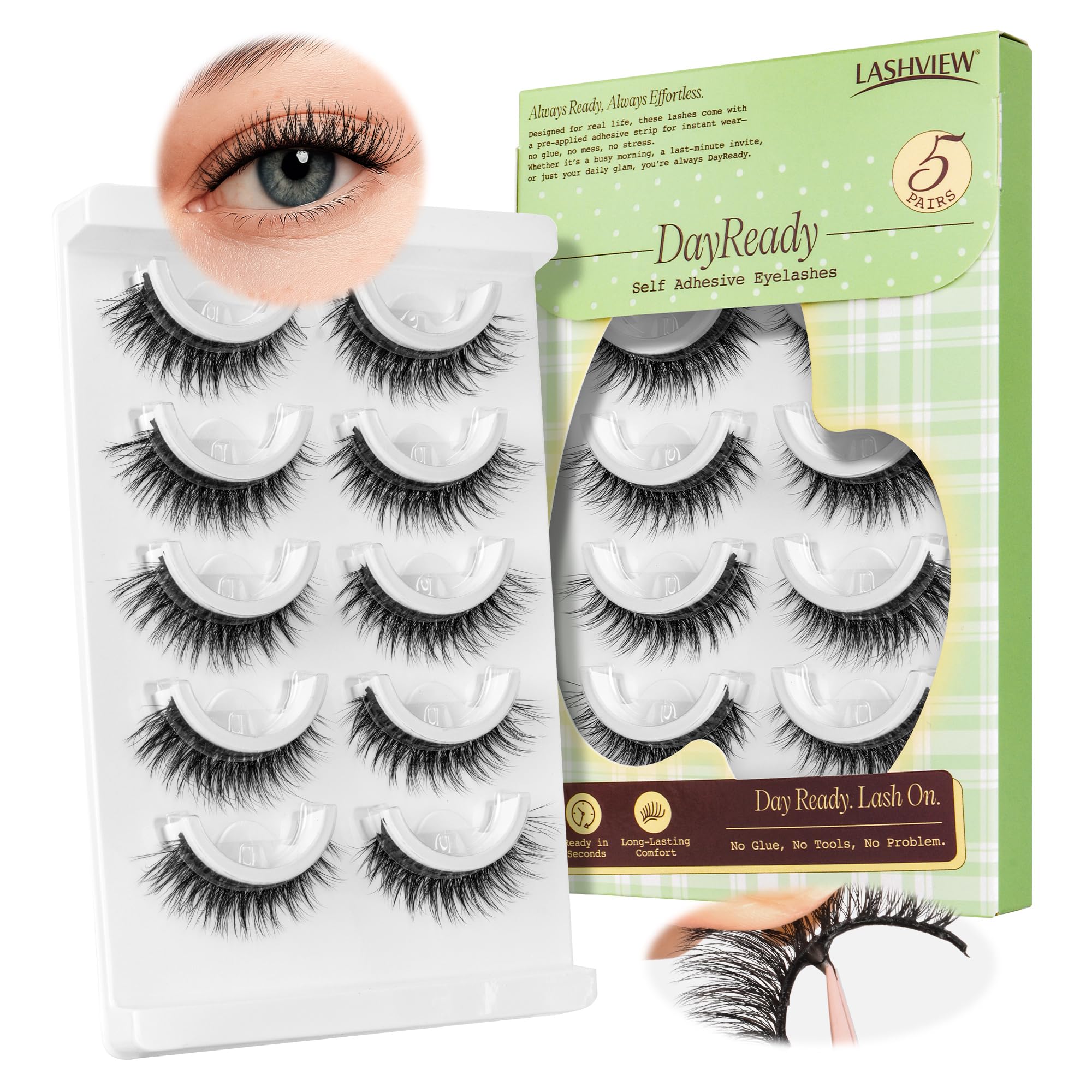 Pestañas autoadhesivas LASHVIEW con aspecto natural para inicio rápido.