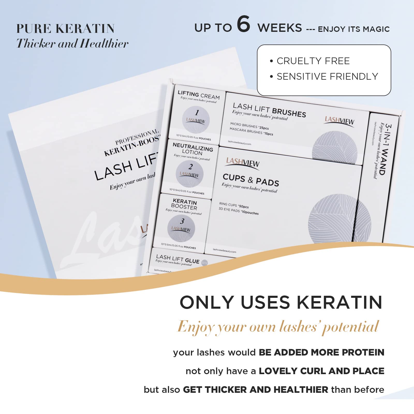 LASHVIEW potenciador de keratina para pestañas más resistentes.