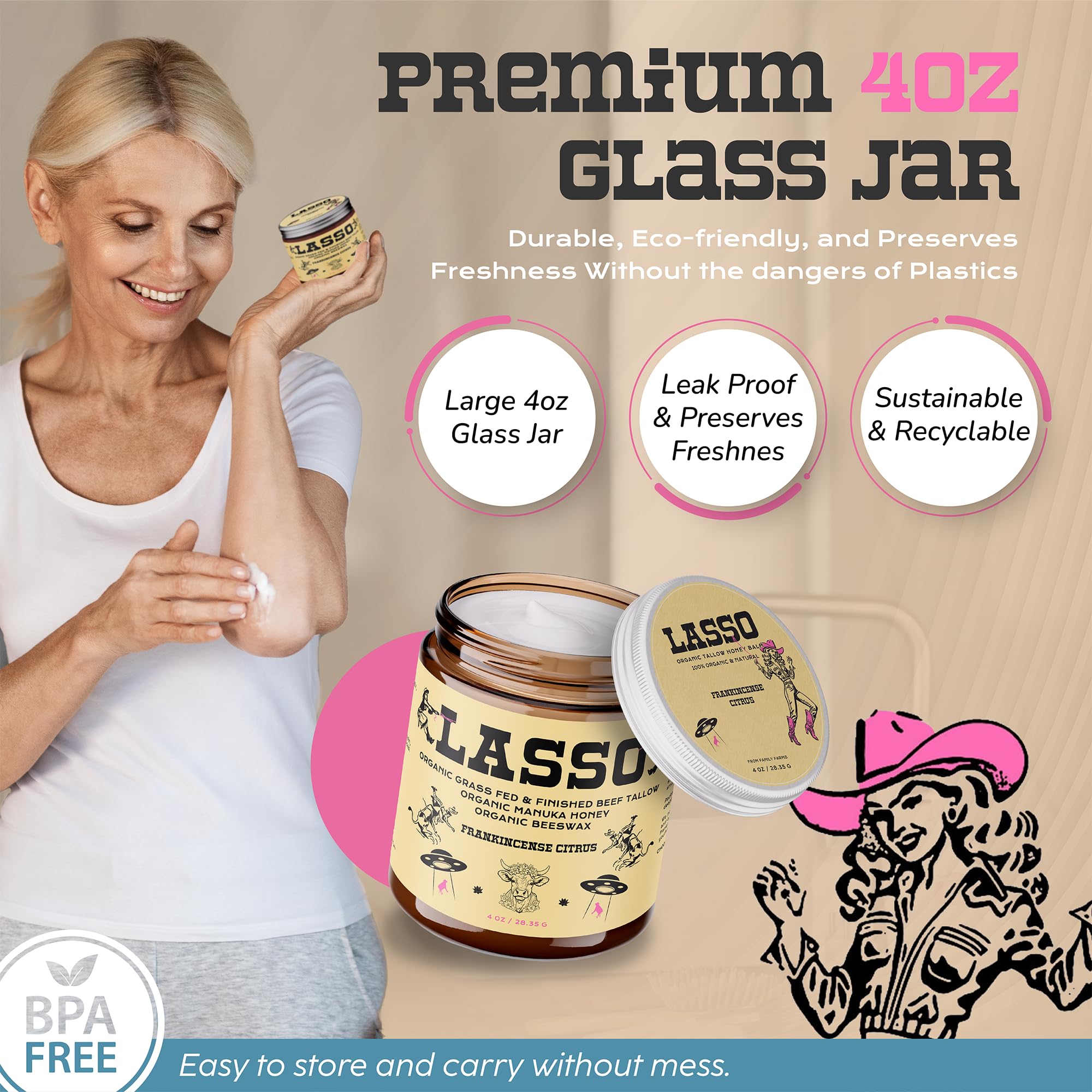 LASSO TALLOW envase práctico para uso diario del bálsamo.