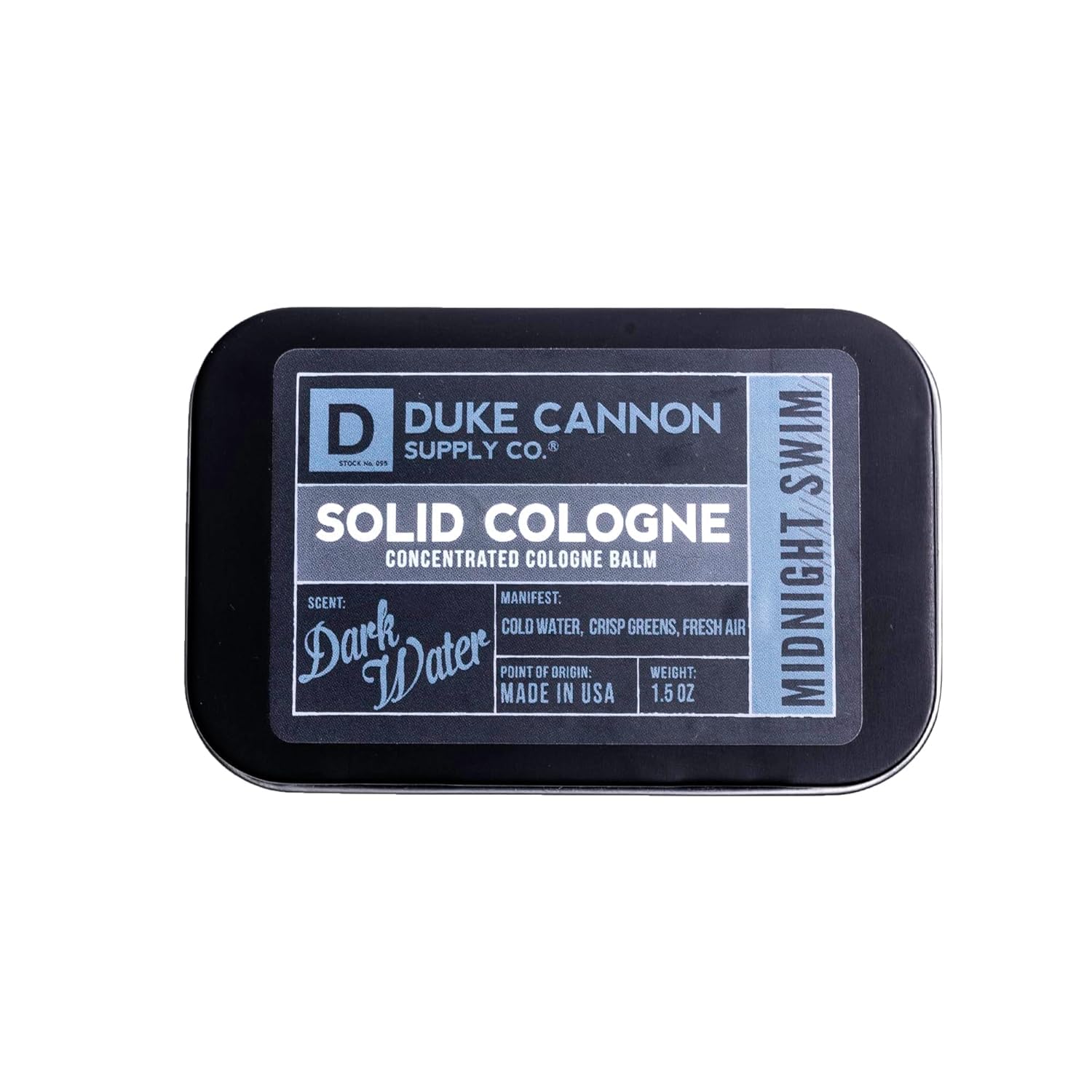 Duke Cannon Midnight Swim, lata compacta lista para retoques de fragancia durante el día.
