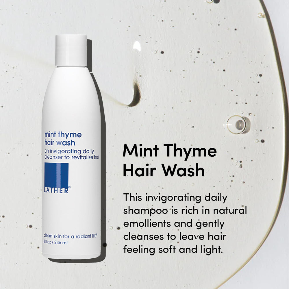 LATHER Lavado de Cabello Menta Tomillo, ingredientes naturales que limpian y refrescan el cuero cabelludo.