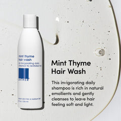 LATHER Lavado de Cabello Menta Tomillo, ingredientes naturales que limpian y refrescan el cuero cabelludo.
