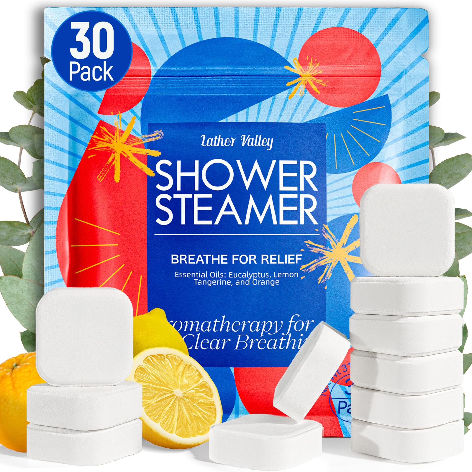 Lather Valley pastillas para ducha en empaque de 30, aroma natural para relajación.