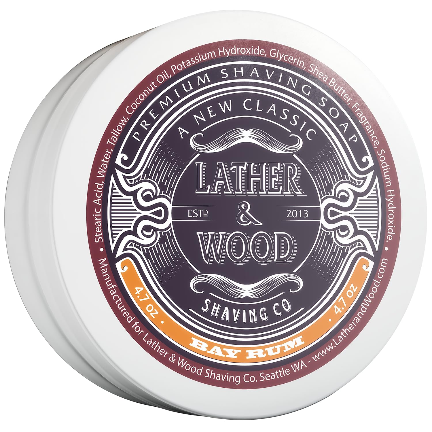 Lather & Wood Shaving Co Jabón Bay Rum en bol para espuma densa y suave.