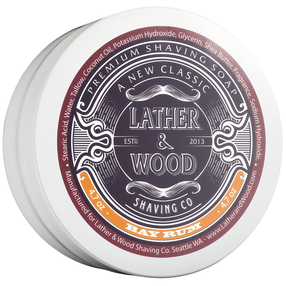 Lather & Wood Shaving Co Jabón Bay Rum en bol para espuma densa y suave.