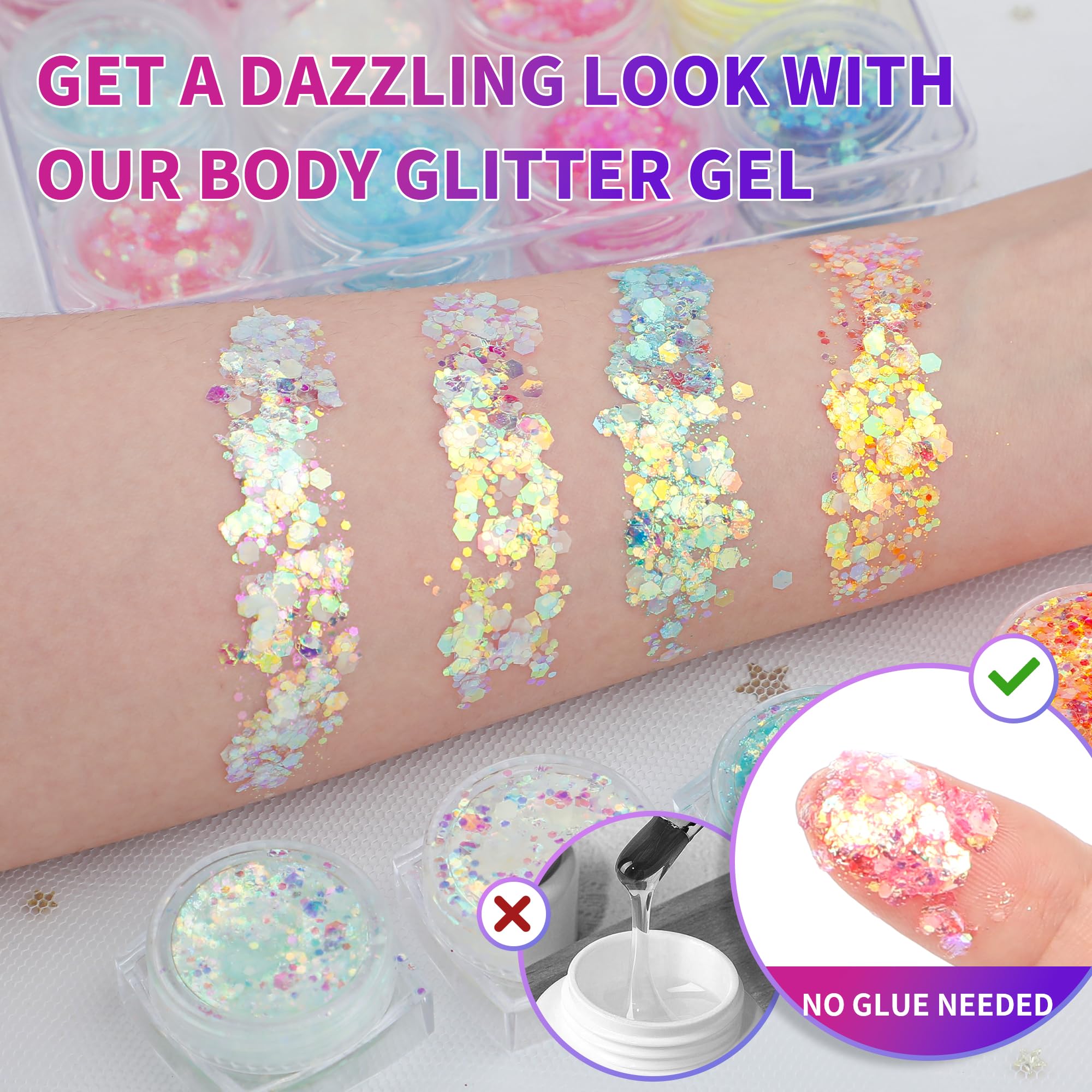 latibell glitter gel con brillo holográfico, perfecto para looks de escenario.