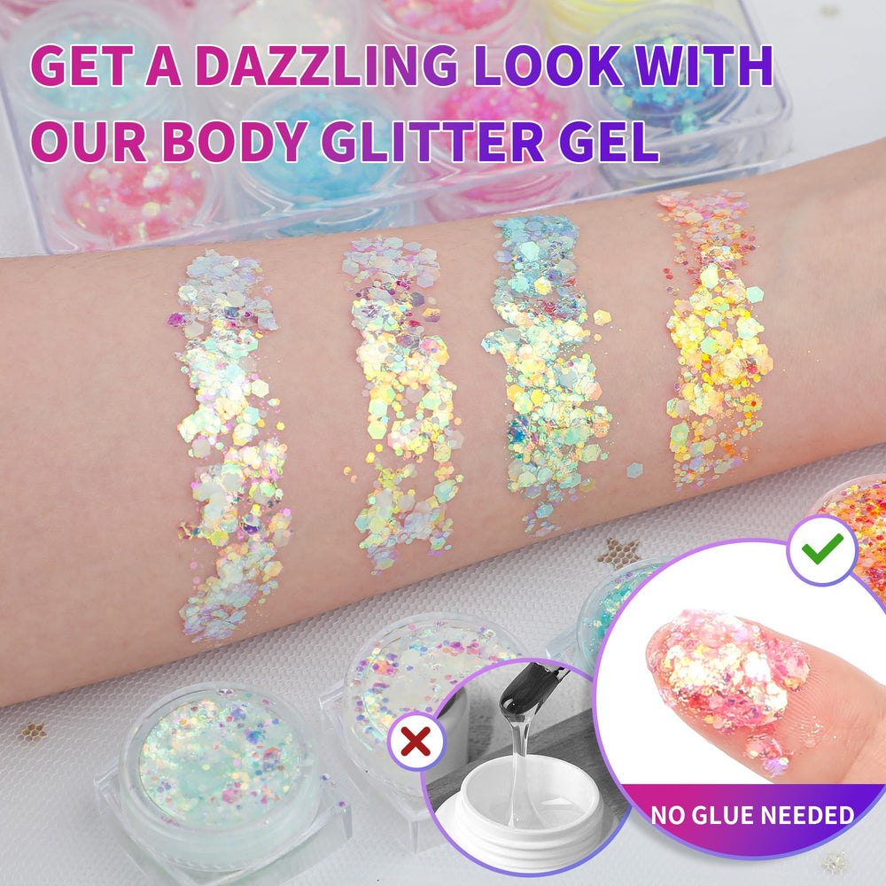 latibell glitter gel con brillo holográfico, perfecto para looks de escenario.