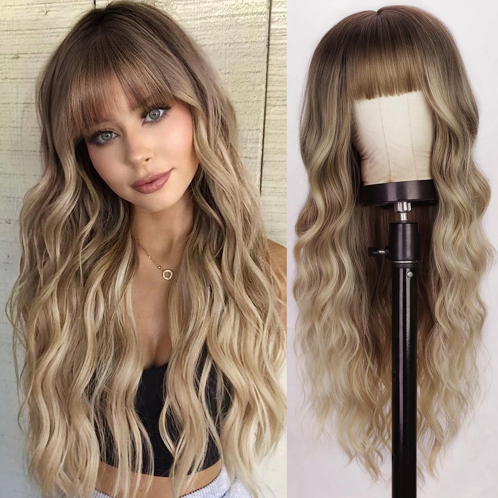 Peluca Lativ rubia con franja ondulada ombre, 26pulgadas, frente natural para diario.