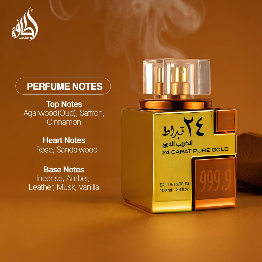 Lattafa 24 Carat Gold base notes incense-amber-leather, enduring scent closure.