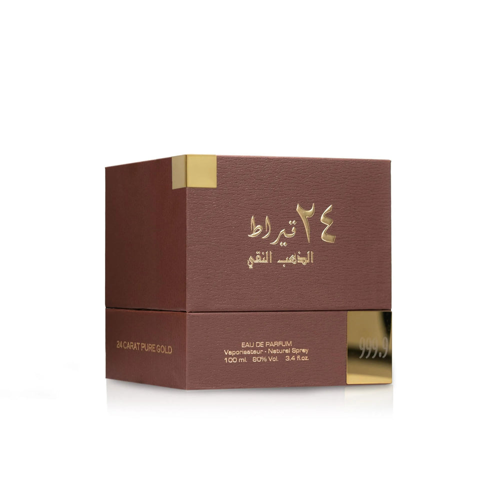 Lattafa 24 Carat Gold oud-saffron-cinnamon note blend, distinctive warmth for evenings.