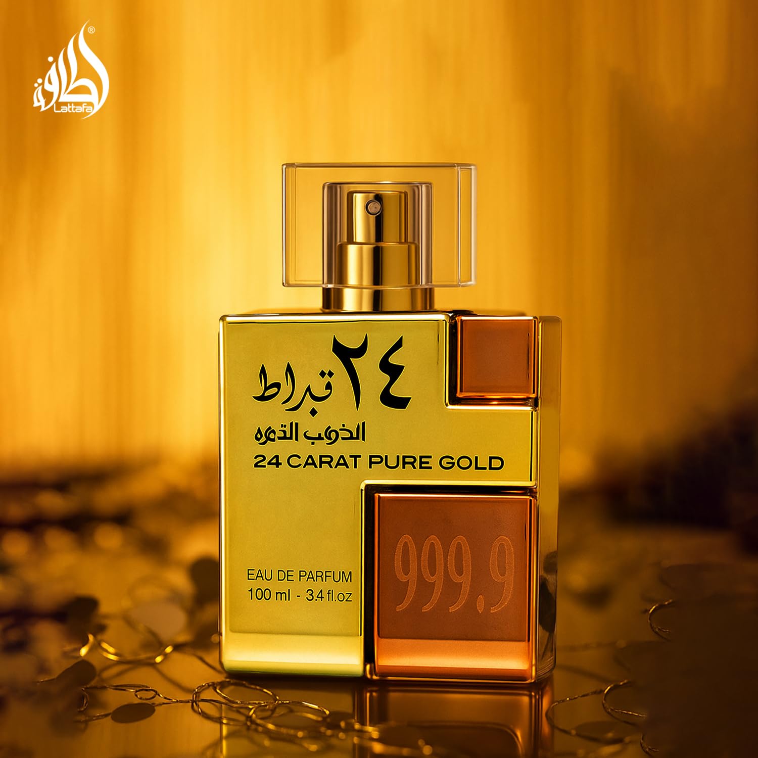Lattafa 24 Carat Gold packaging display, ideal for shelves and gift-ready presentation.
