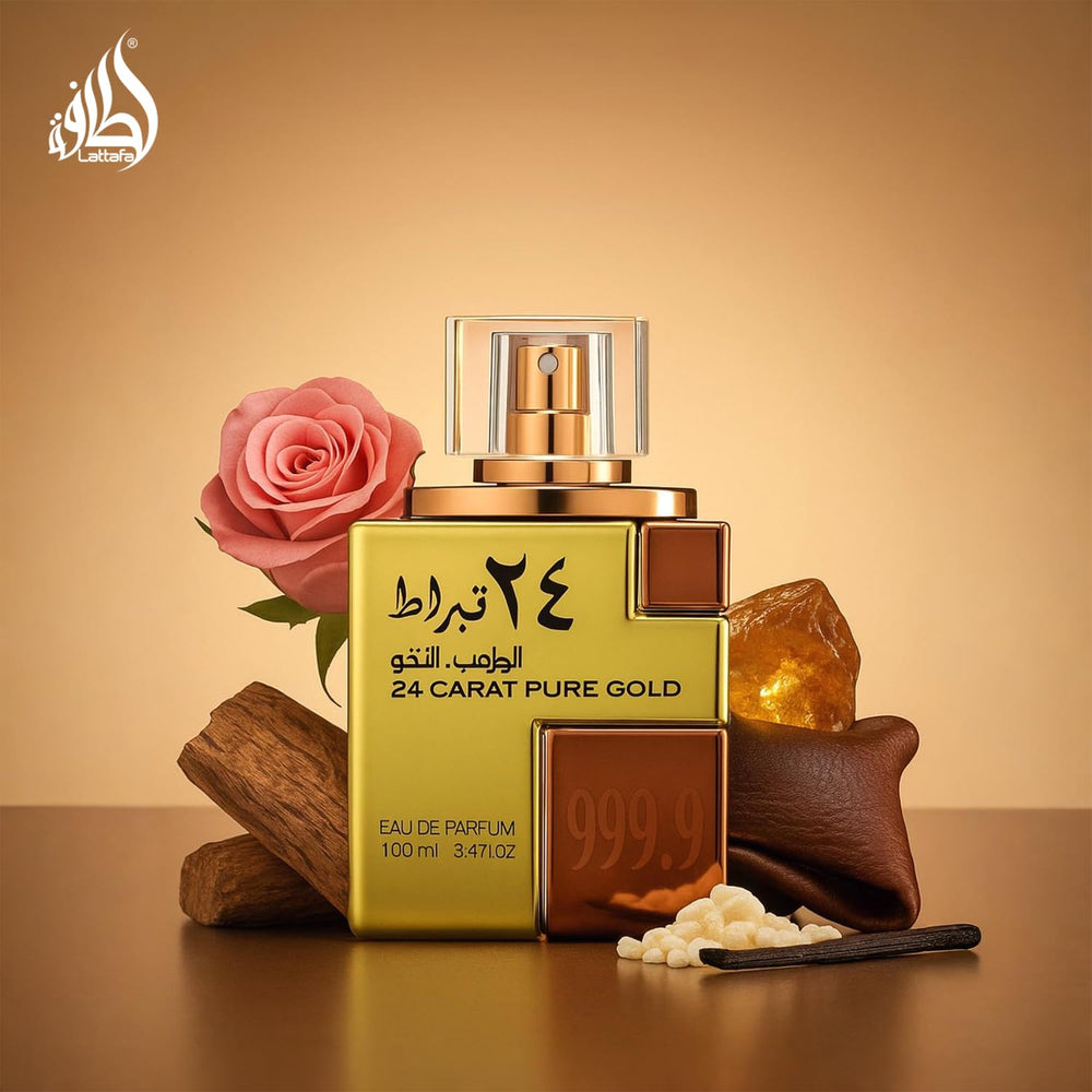 Lattafa 24 Carat Gold rose-sandalwood heart notes, soft floral character with depth.