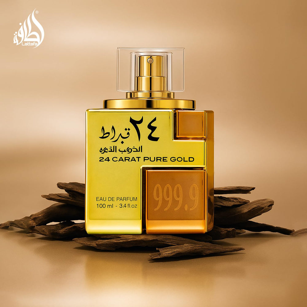 Lattafa 24 Carat Gold vanilla-musk finish, luxurious warmth and lingering allure.