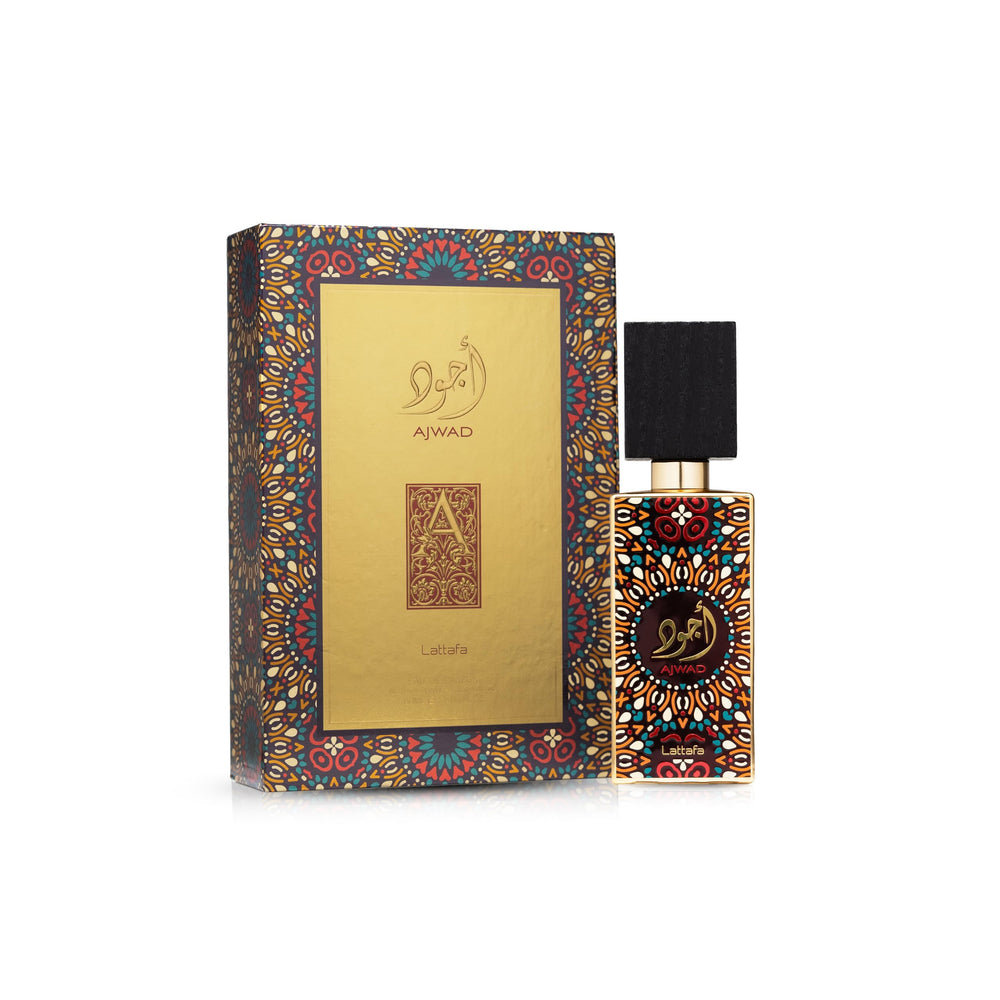 Lattafa Ajwad, caja exterior, presentación elegante para regalo.