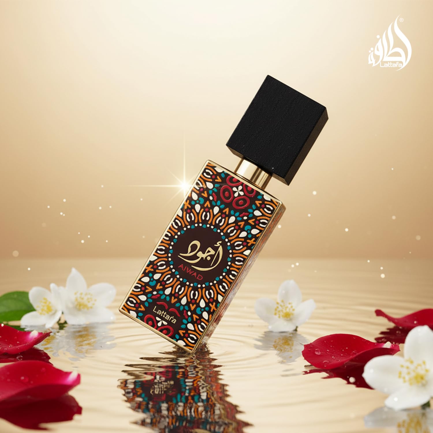 Lattafa Ajwad, envase-elegante, frasco destacado para colección.