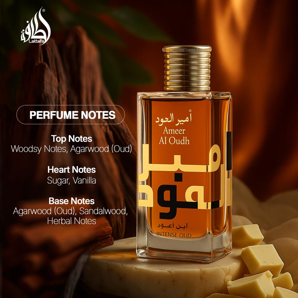 Lattafa Ameer Al Oud Intense, detalle del frasco evoca oud y ámbar.