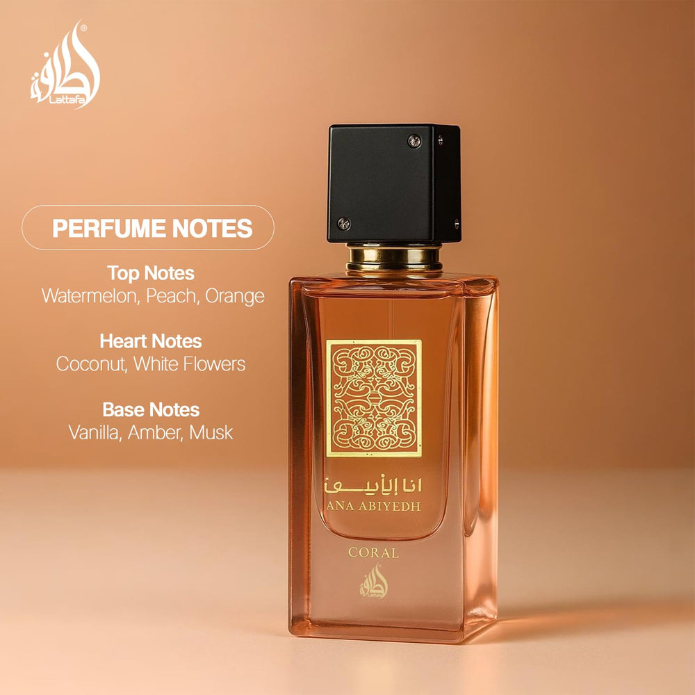 Lattafa Ana Abiyedh Coral, notas-base vainilla-ambar-musk, estela cálida y envolvente.