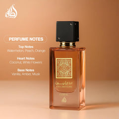 Lattafa Ana Abiyedh Coral, notas-base vainilla-ambar-musk, estela cálida y envolvente.