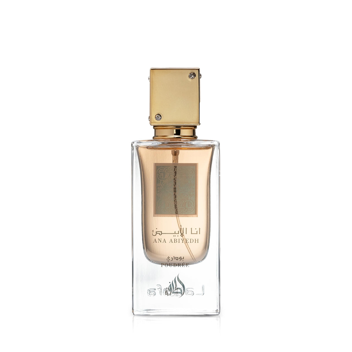 Lattafa Ana Abiyedh Poudrée en frasco de vidrio, aroma floral para mujeres.