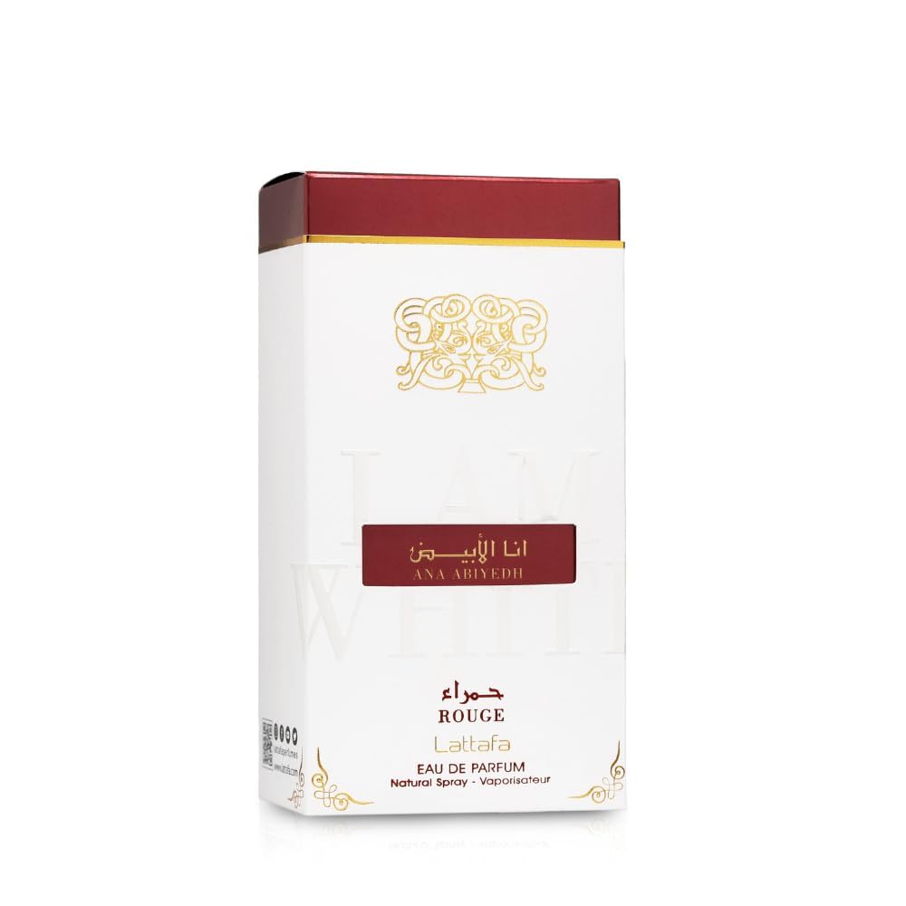 Lattafa Ana Abiyedh Rouge, escena diaria, perfume duradero con notas cálidas.