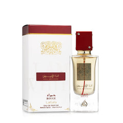 Lattafa Ana Abiyedh Rouge, tapa dorada, toque sofisticado para elegancia nocturna.