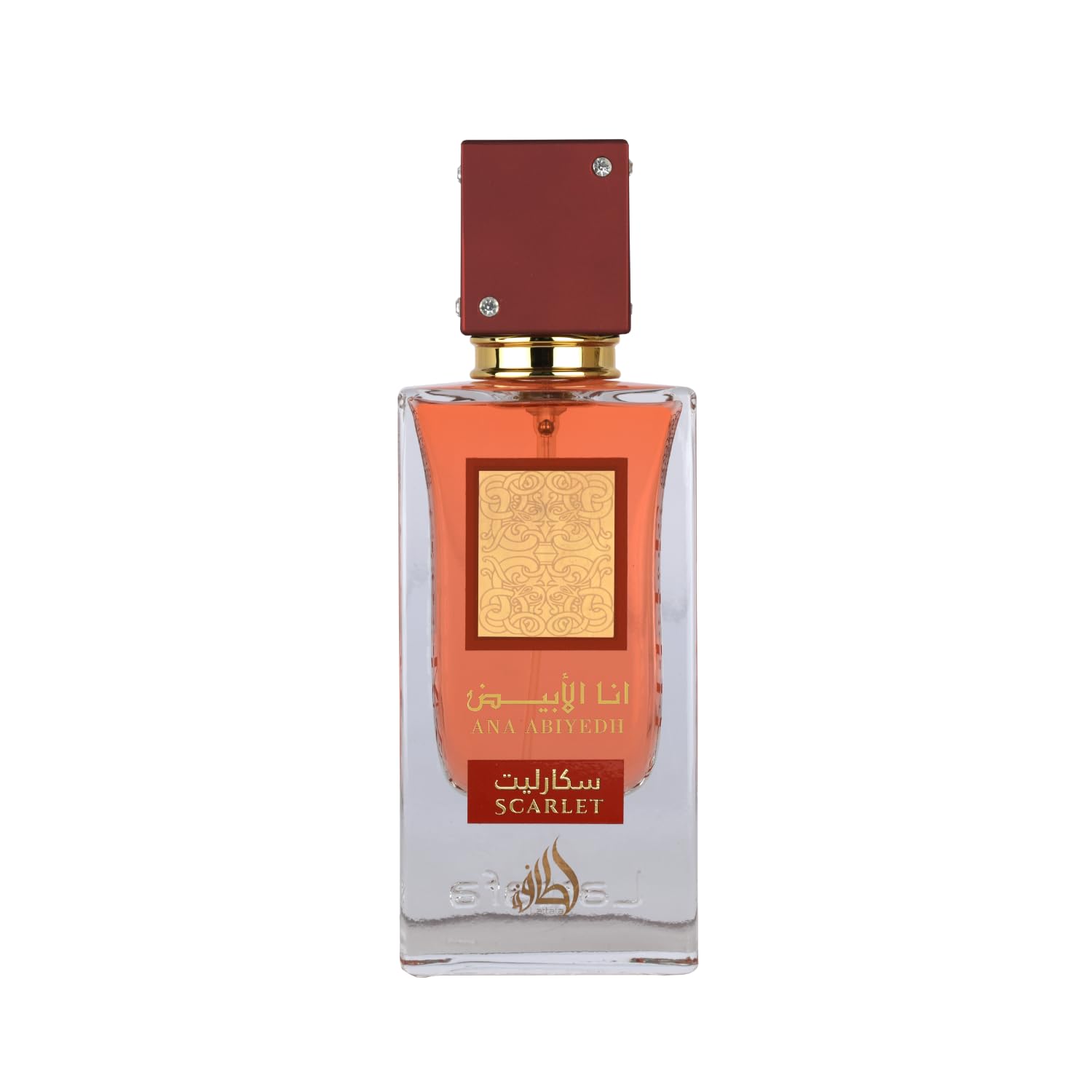 Lattafa Ana Abiyedh Scarlet, frasco que muestra notas frutales y florales.