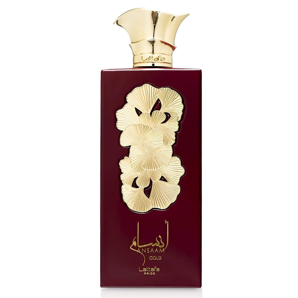 Lattafa Ansaam Gold, botella dorada, perfecta para eventos nocturnos y presentaciones elegantes.
