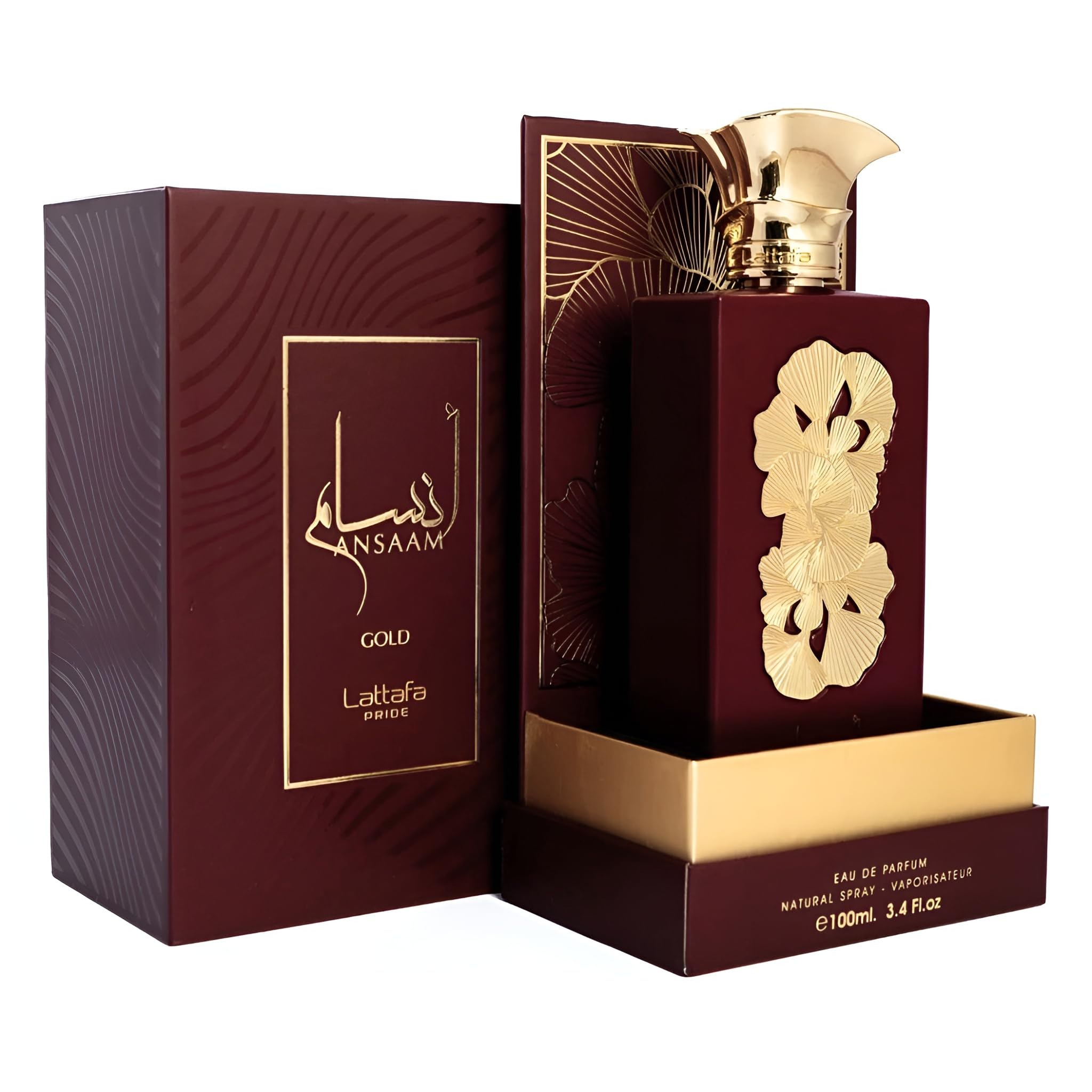 Lattafa Ansaam Gold, detalle cápsula, perfume lujoso para uso diario.
