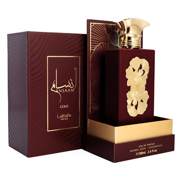 Lattafa Ansaam Gold, detalle cápsula, perfume lujoso para uso diario.
