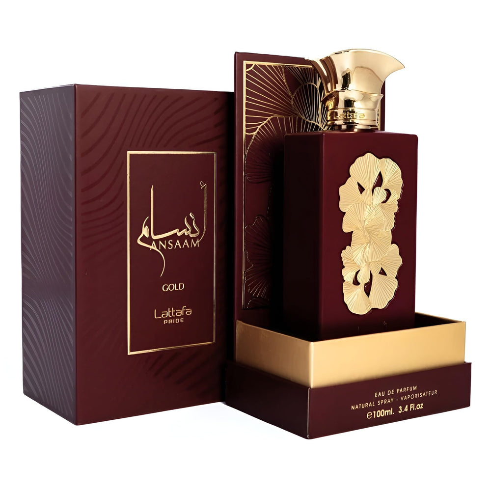 Lattafa Ansaam Gold, detalle cápsula, perfume lujoso para uso diario.