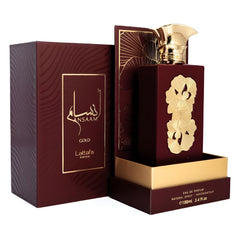 Lattafa Ansaam Gold, detalle cápsula, perfume lujoso para uso diario.