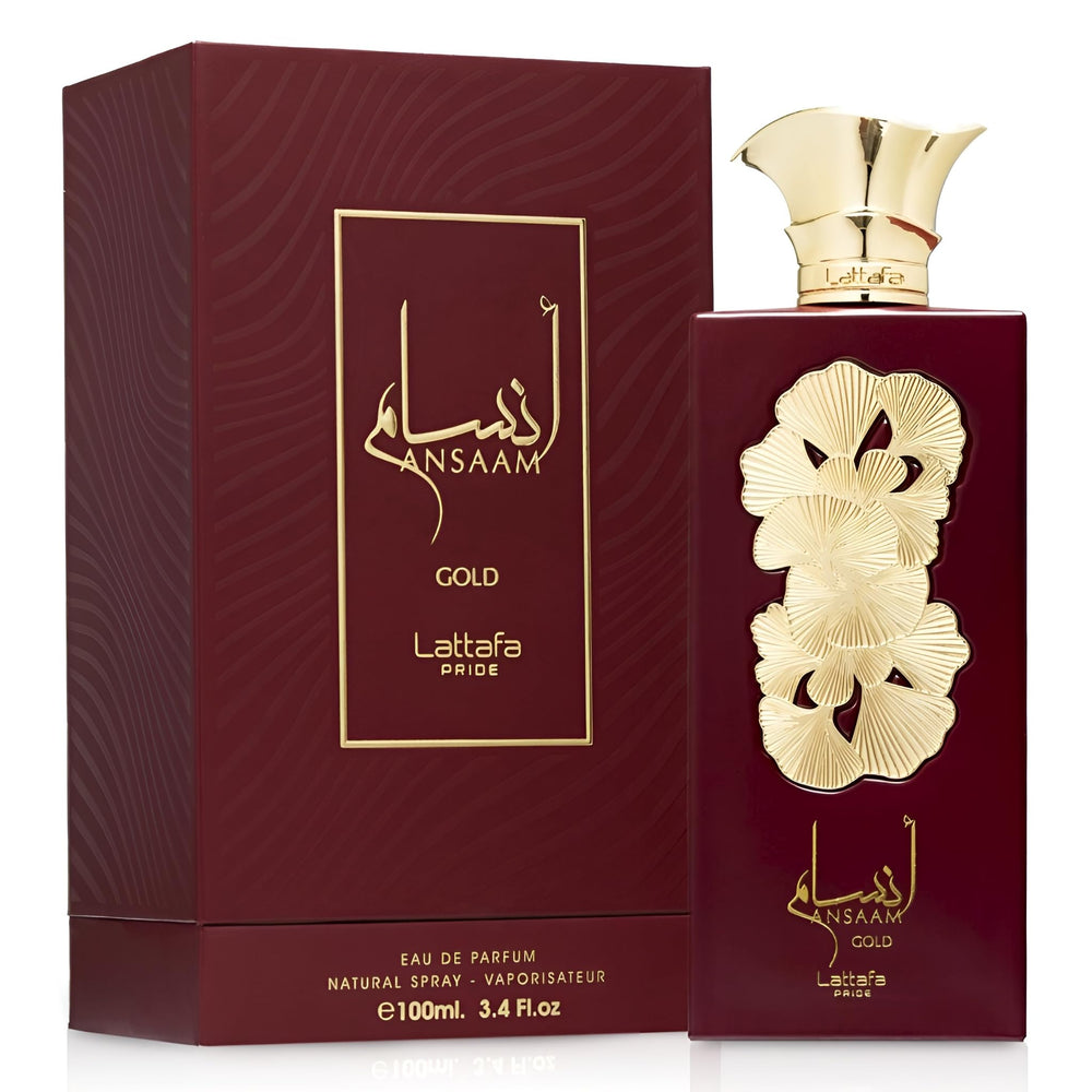 Lattafa Ansaam Gold, etiqueta frontal elegante, regalo sofisticado para amantes de fragancias.