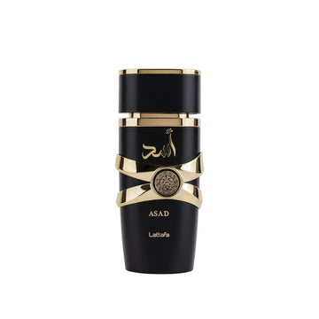 Lattafa Asad, botella de perfume unisex, fragancia versátil para cualquier ocasión.
