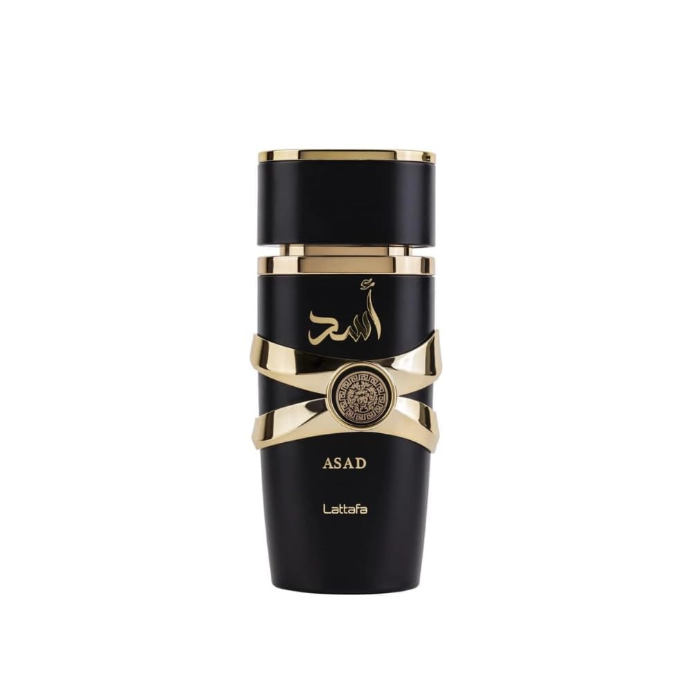 Lattafa Asad, botella de perfume unisex, fragancia versátil para cualquier ocasión.