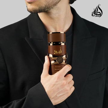 Lattafa Asad Bourbon, envase de vidrio pulido y acabado premium