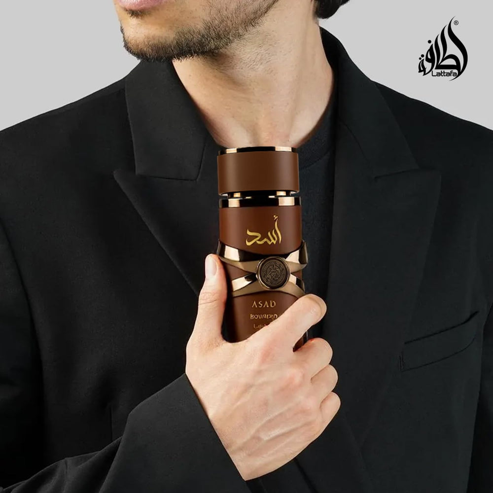 Lattafa Asad Bourbon, envase de vidrio pulido y acabado premium