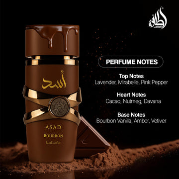 Lattafa Asad Bourbon, notas de corazón cacao y nuez moscada, profundidad aromática