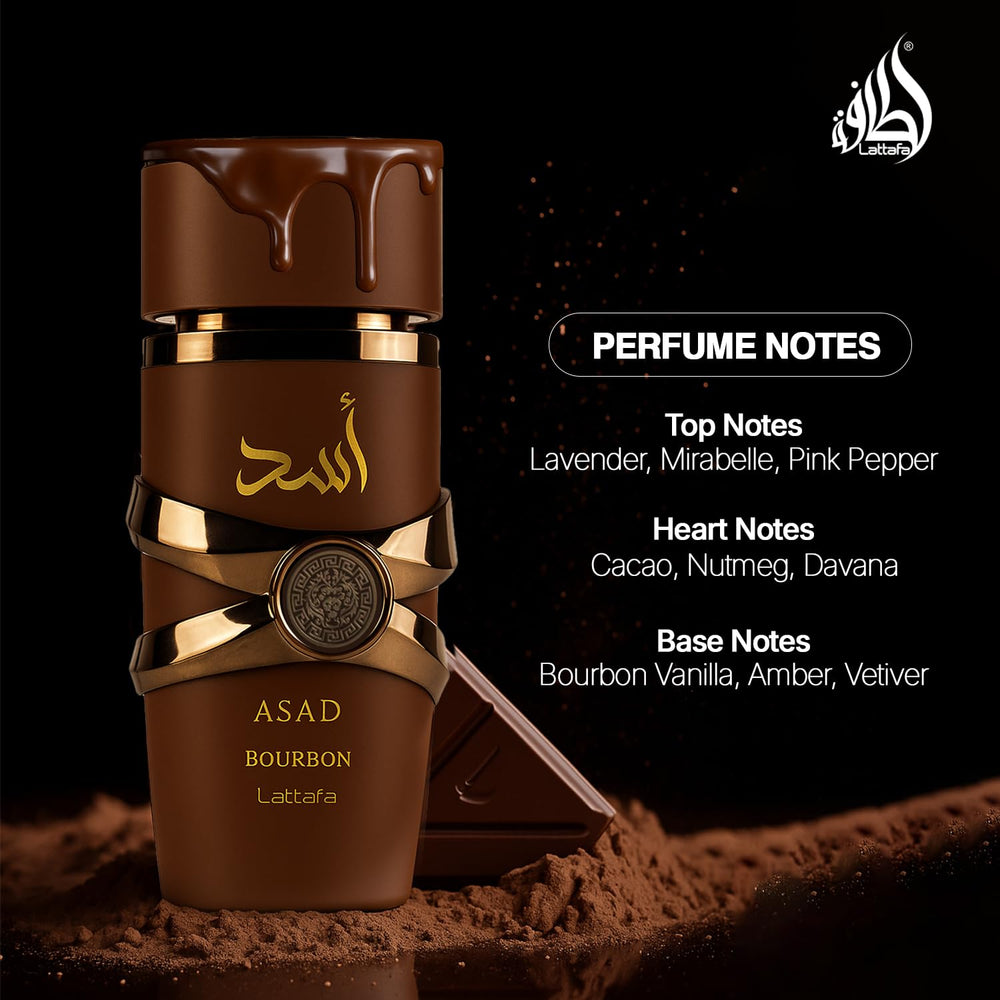 Lattafa Asad Bourbon, notas de corazón cacao y nuez moscada, profundidad aromática