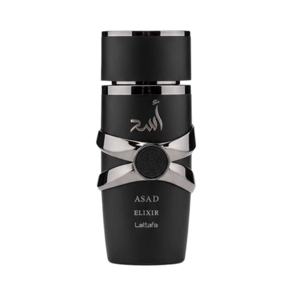 Lattafa Asad Elixir: botella vista frontal, ideal para salidas nocturnas