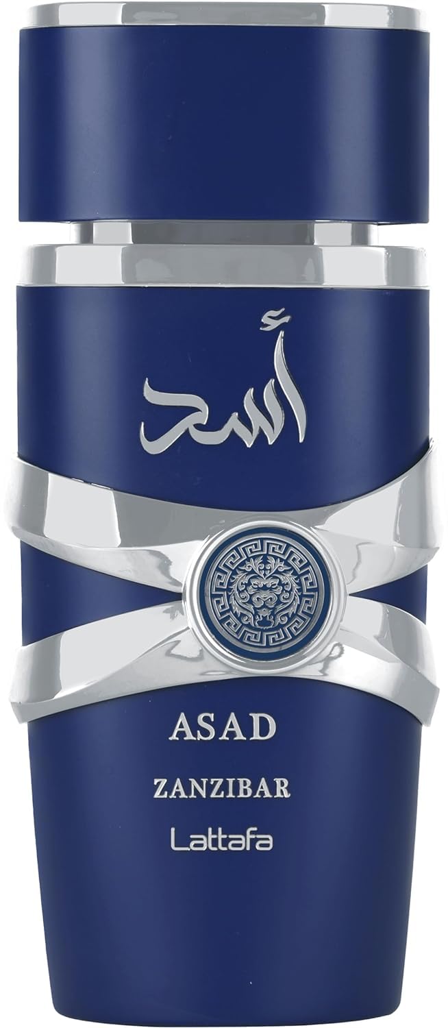 Lattafa Asad Zanzibar, botella frontal, aroma duradero y fresco para uso diario.