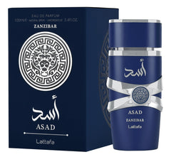 Lattafa Asad Zanzibar, diseño de empaque, ideal como regalo con estilo.